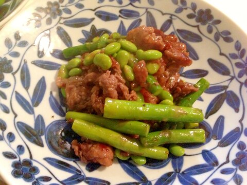 アスパラ・枝豆と牛肉のオイスターソース炒め